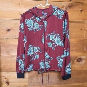 Massini Burgundy Hooded Zip Jacket with Teal Floral Print